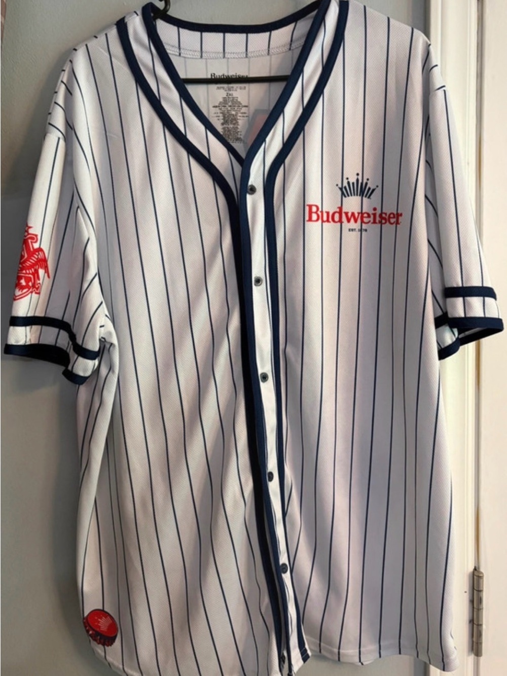 Budweiser White Navy Pinstripe Baseball-Style Jersey with Red Logo